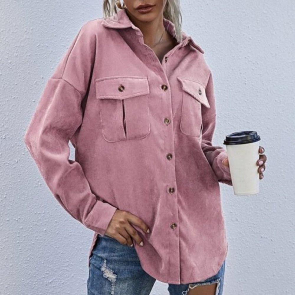 Pink Boyfriend oversized Button Front Corduroy sha - Picture 1 of 6